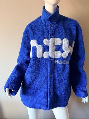 Brockhampton Men's Royal Blue Sherpa Puffer Jacket with White Appliqué Size M-L